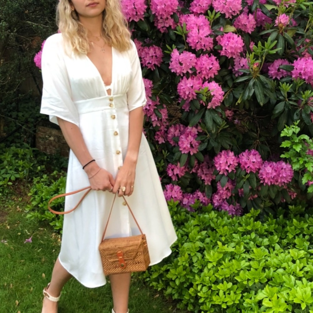 White Midi Button Dress Flowy Size Small